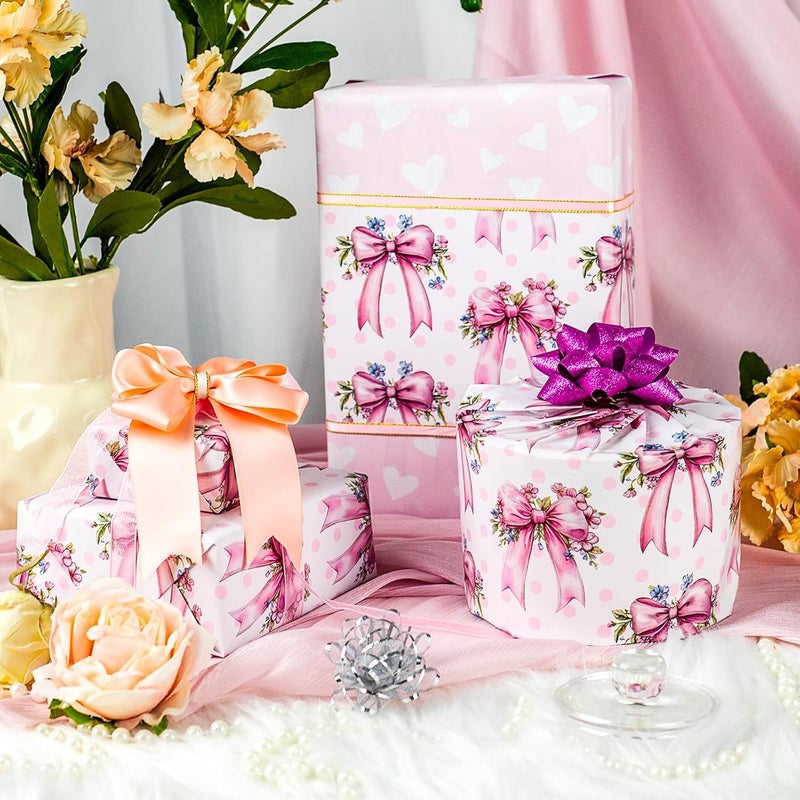 MAYPLUSS Pink Bow Wrapping Paper Roll, Girl Birthday Wrapping Paper, Reversible Girly Feminine Pink Gift Wrap with Bow Print for Baby Shower, Christmas, Valentine's Day, Mother's Day (17 In X 33 Ft) - Image 5